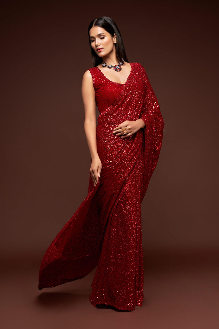 Red Color Saree Georgette With Thread And Multiple Sequins Embroidery Work