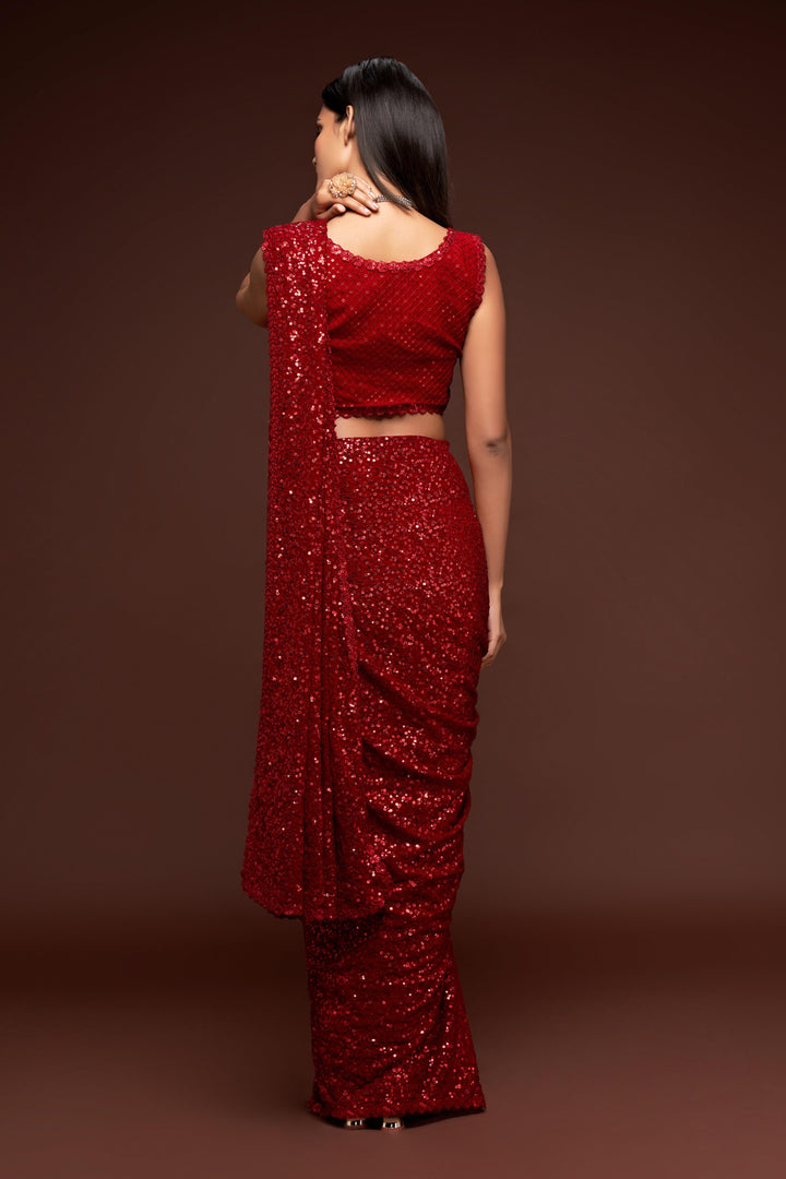 Red Color Saree Georgette With Thread And Multiple Sequins Embroidery Work