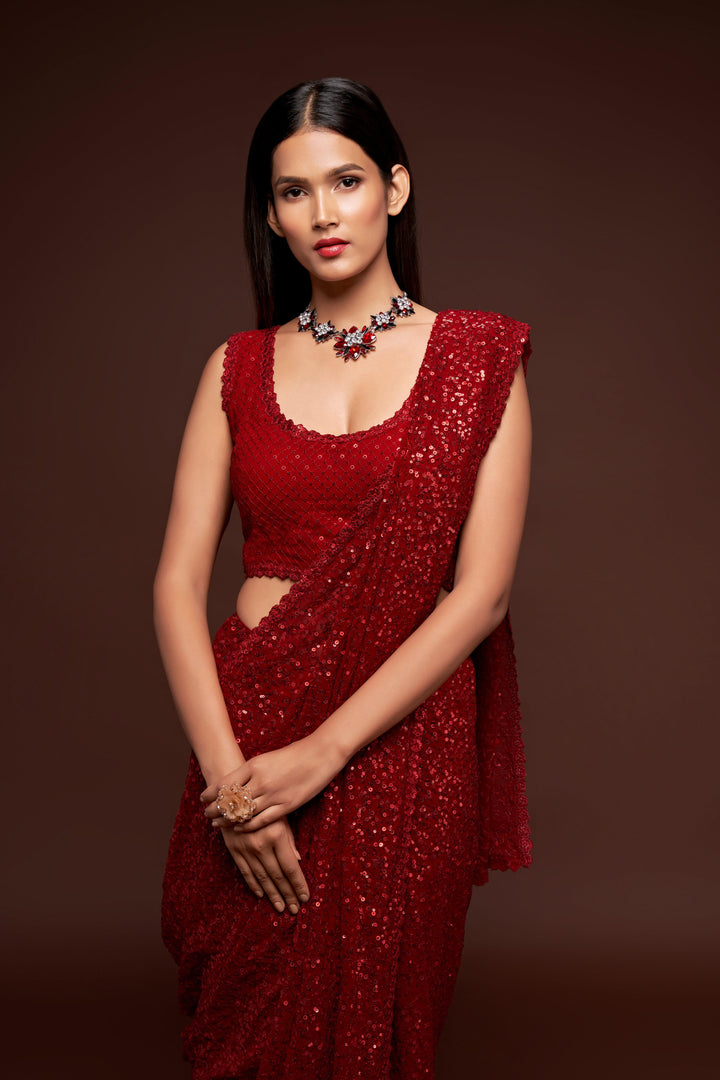 Red Color Saree Georgette With Thread And Multiple Sequins Embroidery Work