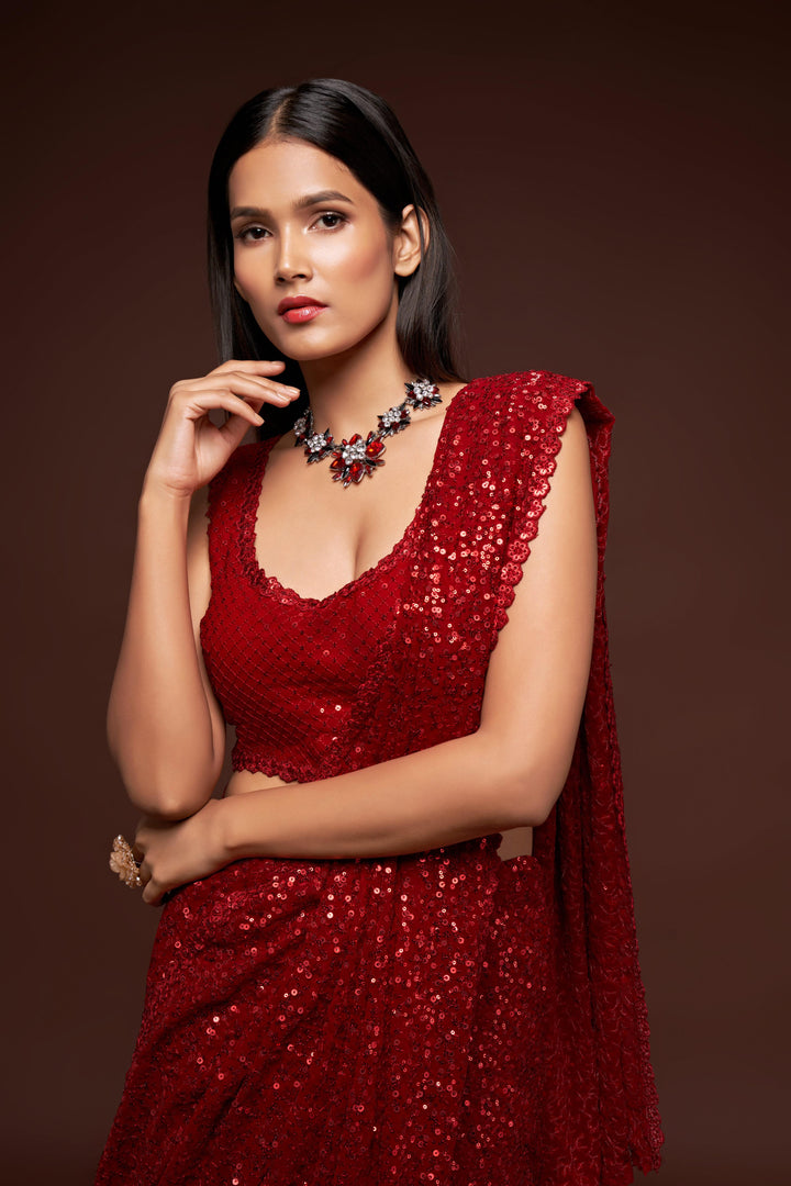 Red Color Saree Georgette With Thread And Multiple Sequins Embroidery Work