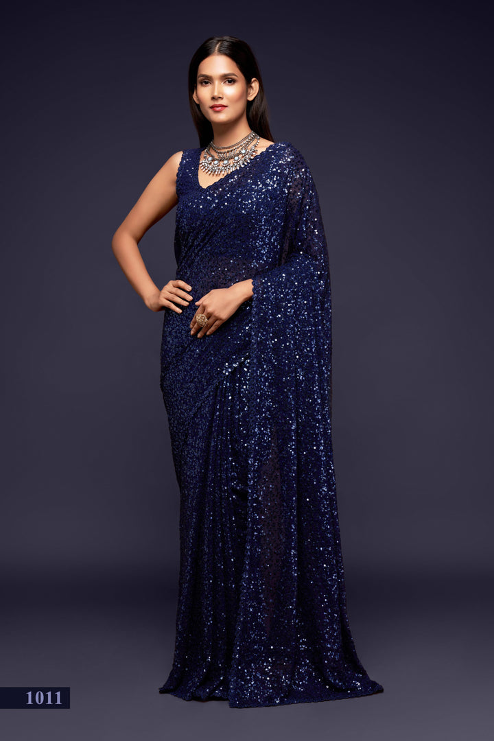 Blue Color Saree Georgette With Thread And Multiple Sequins Embroidery Work