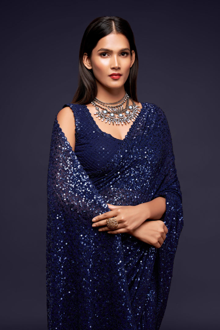 Blue Color Saree Georgette With Thread And Multiple Sequins Embroidery Work