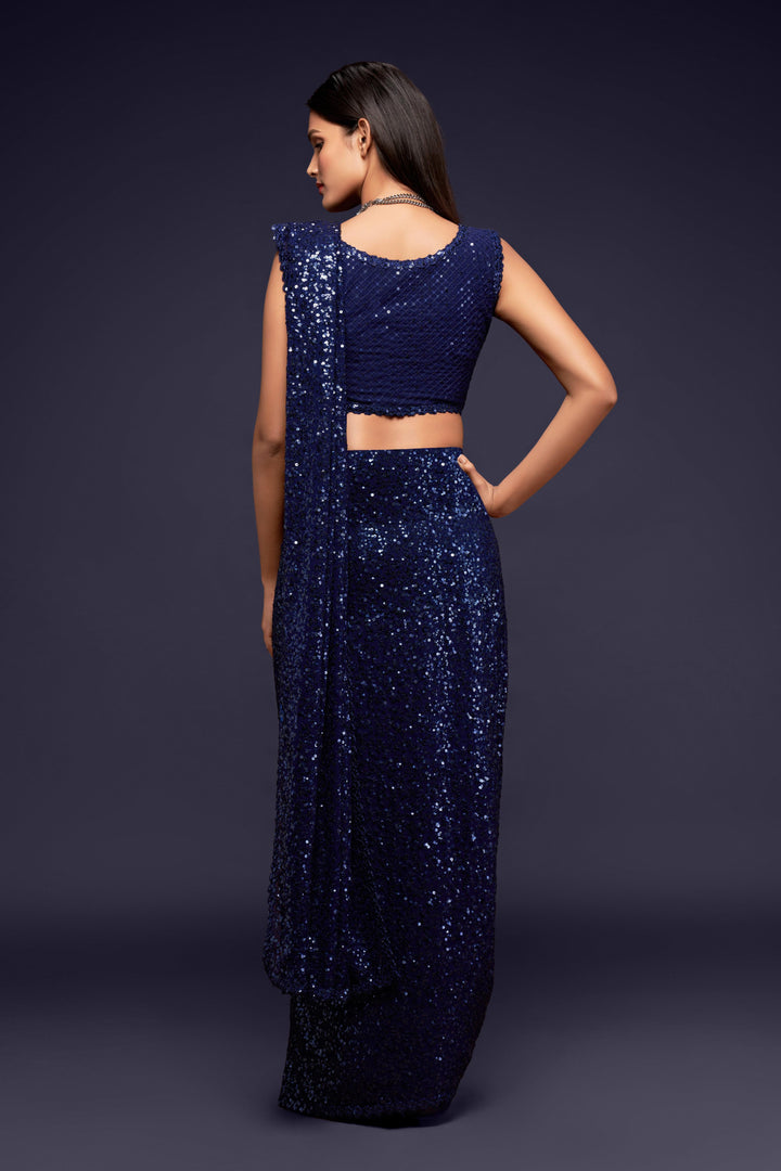 Blue Color Saree Georgette With Thread And Multiple Sequins Embroidery Work