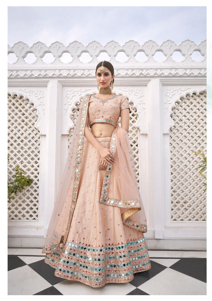 Beige Color Heavy Silk With Thread, Zari, Sequins Embroidered With Real Mirror Work Lehenga Choli