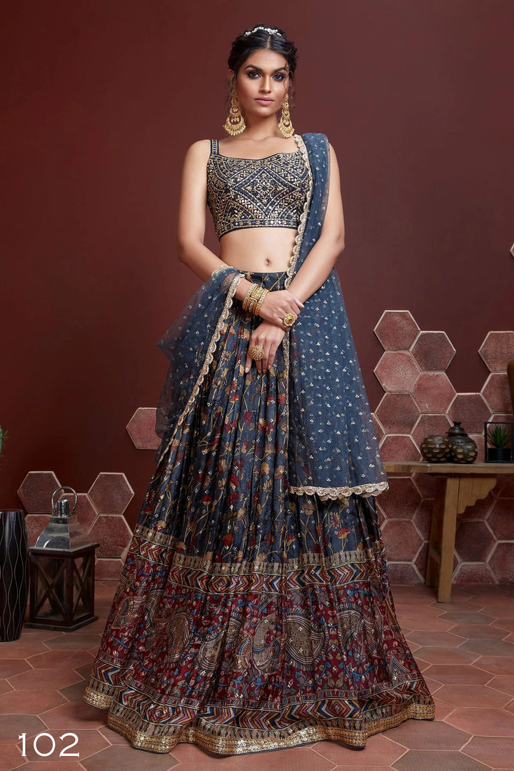 Blue Color Chinnon Silk Digital Print And Heavy Embroidery With Real Mirror Work Lehenga Choli