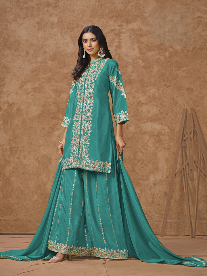 Sea Green Color Chinnon With Embroidery And Sequins Work Top And Plazo