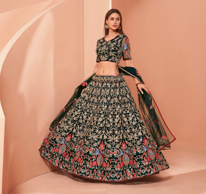 Green Color Net With Zari And Multi Color Thread Work With Sequins Work Lehenga Choli