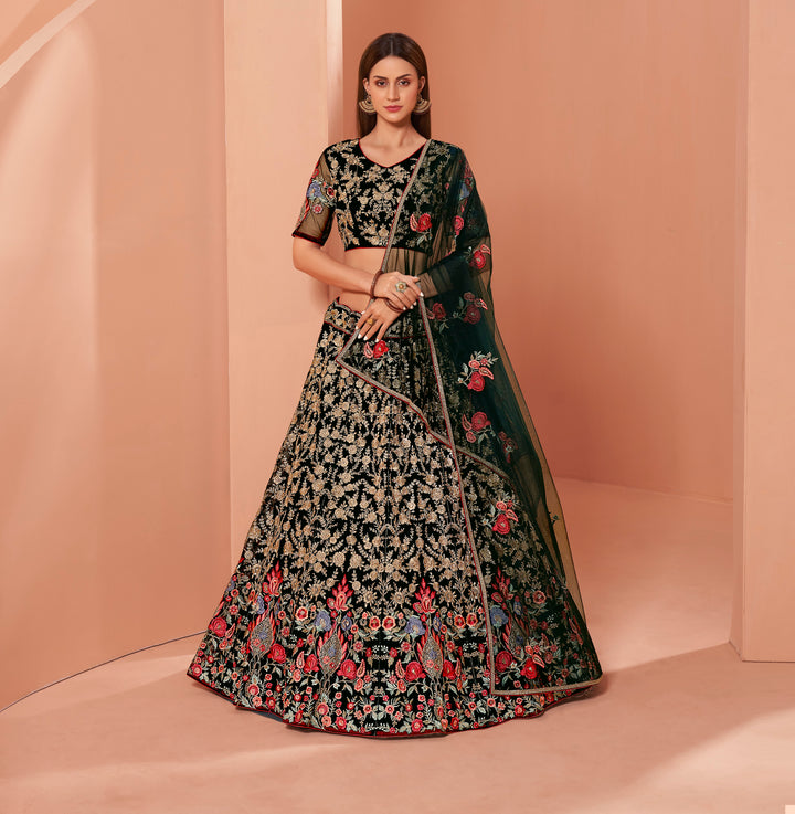 Green Color Net With Zari And Multi Color Thread Work With Sequins Work Lehenga Choli