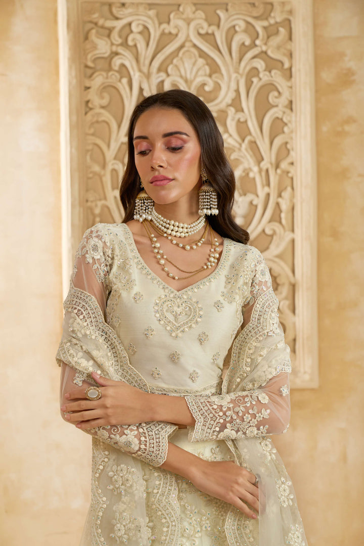 White Color Net With Cording And Thread Work With Stone Work Lehenga Choli