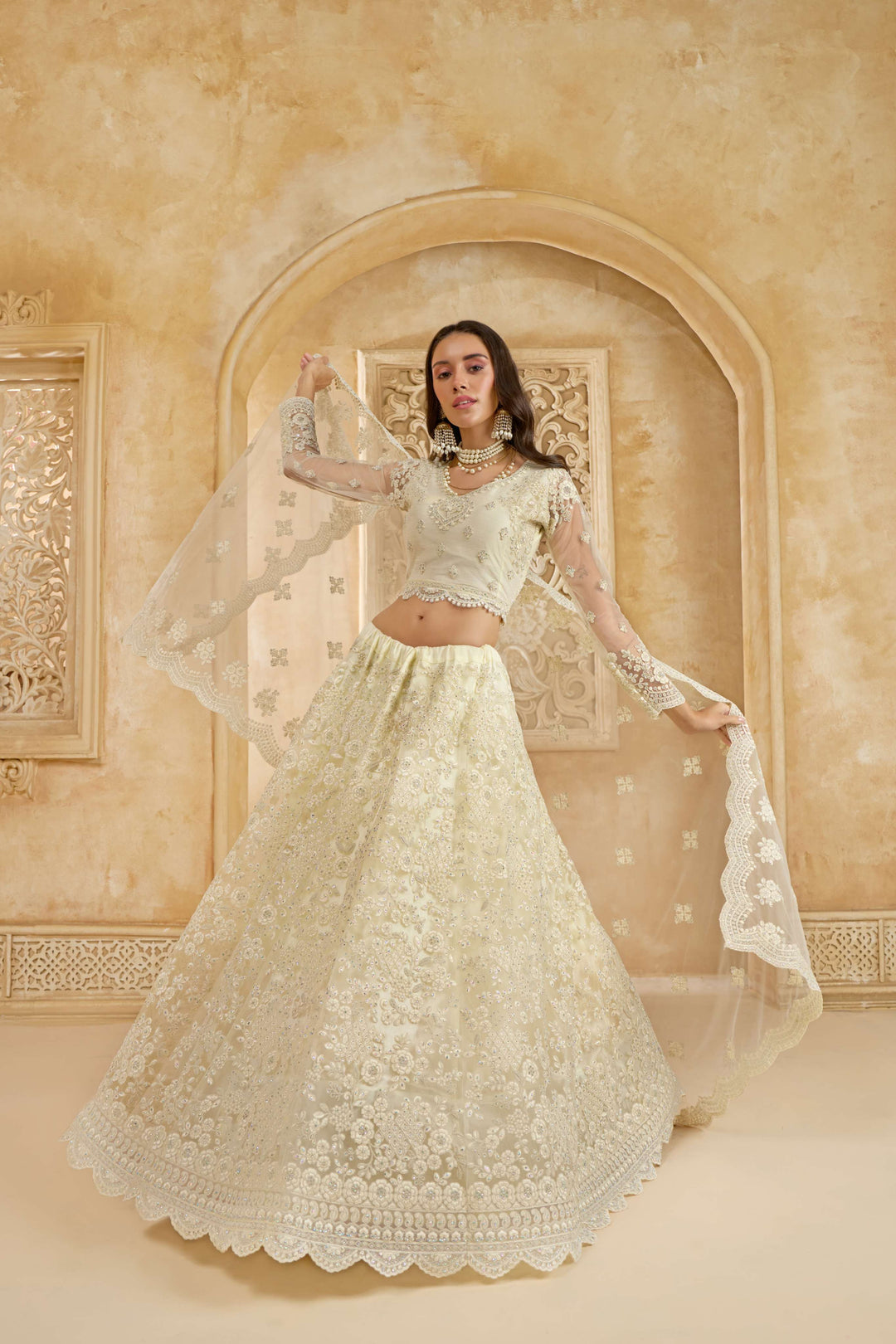 White Color Net With Cording And Thread Work With Stone Work Lehenga Choli