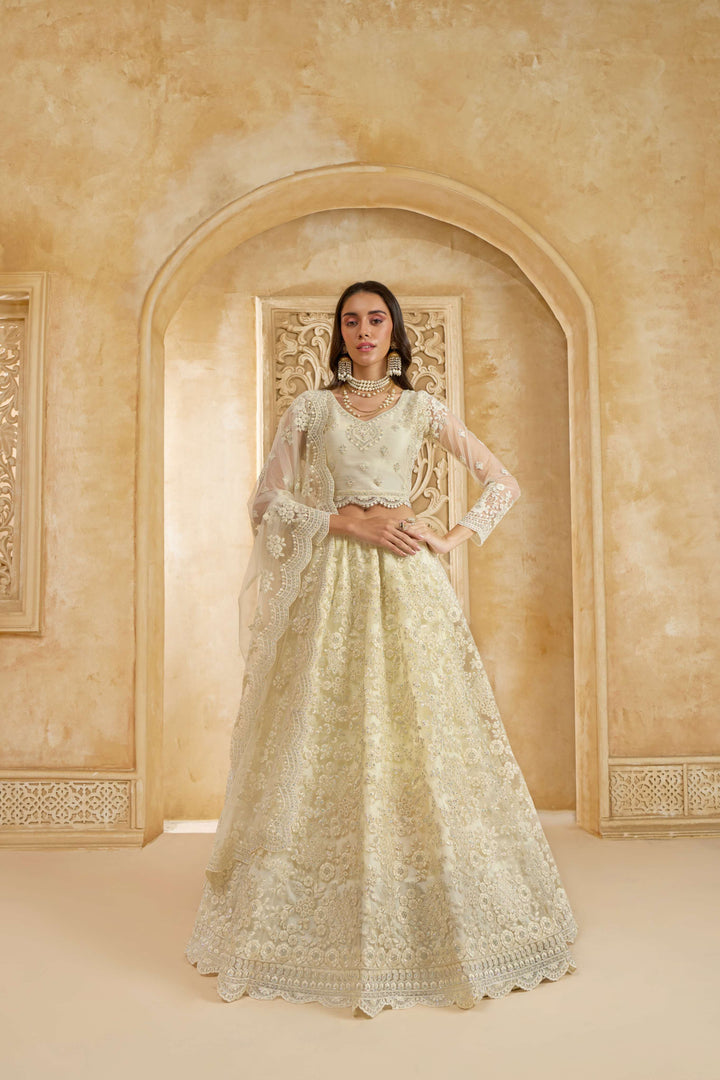 White Color Net With Cording And Thread Work With Stone Work Lehenga Choli