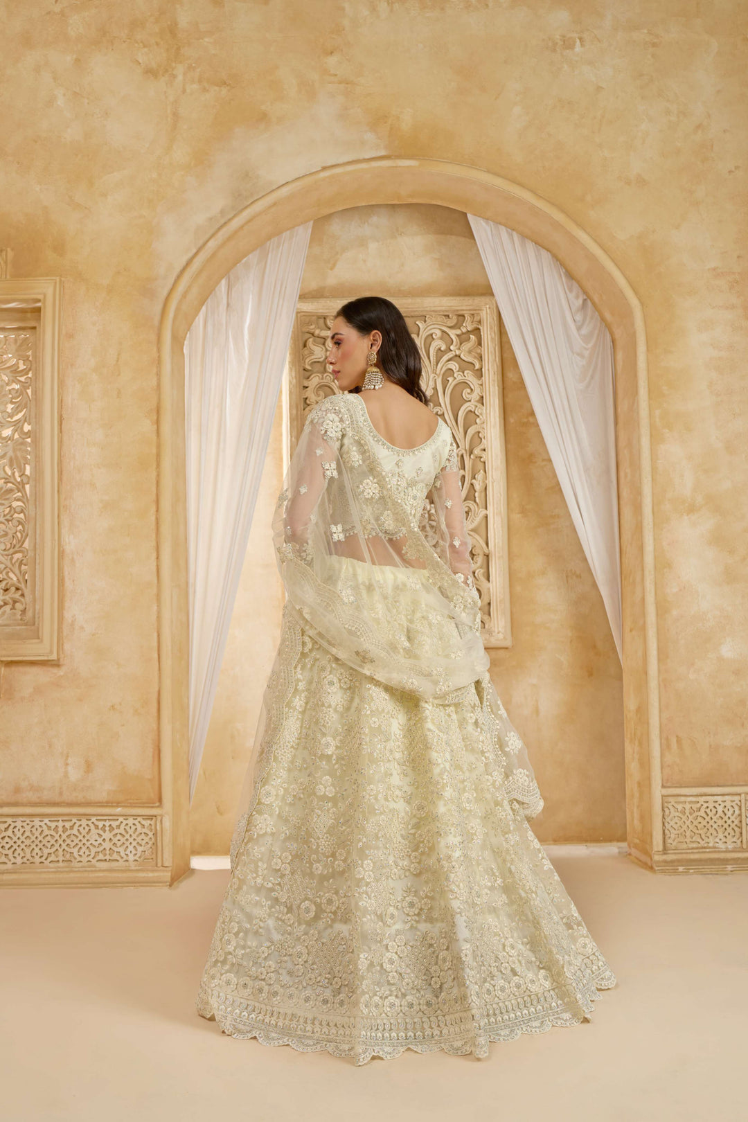 White Color Net With Cording And Thread Work With Stone Work Lehenga Choli