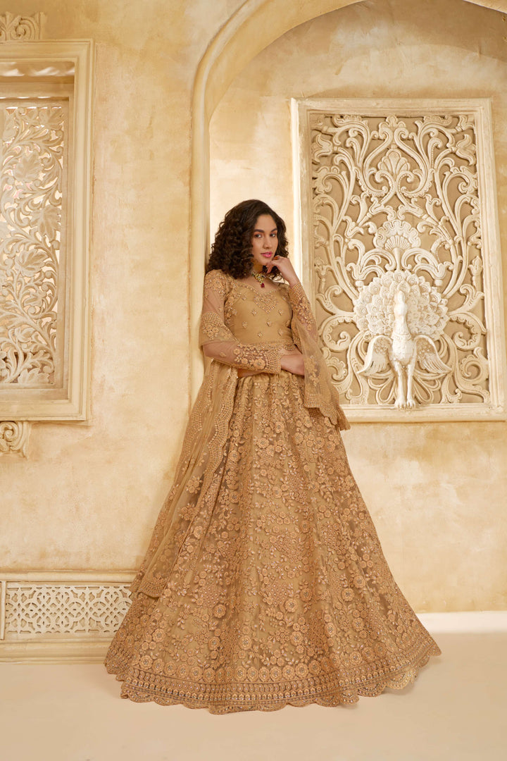 Beige Color Net With Cording And Thread Work With Stone Work Lehenga Choli