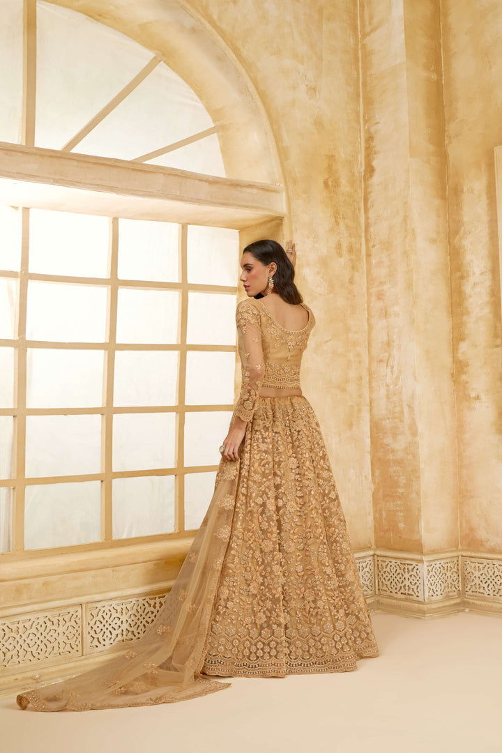 Beige Color Net With Cording And Thread Work With Stone Work Lehenga Choli