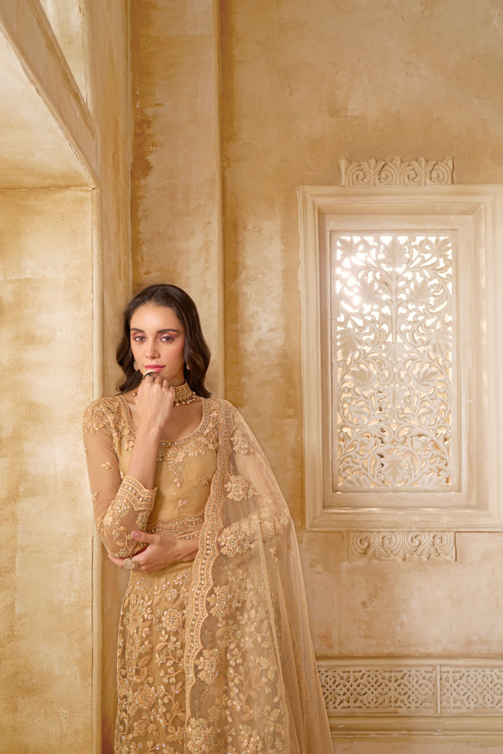 Beige Color Net With Cording And Thread Work With Stone Work Lehenga Choli