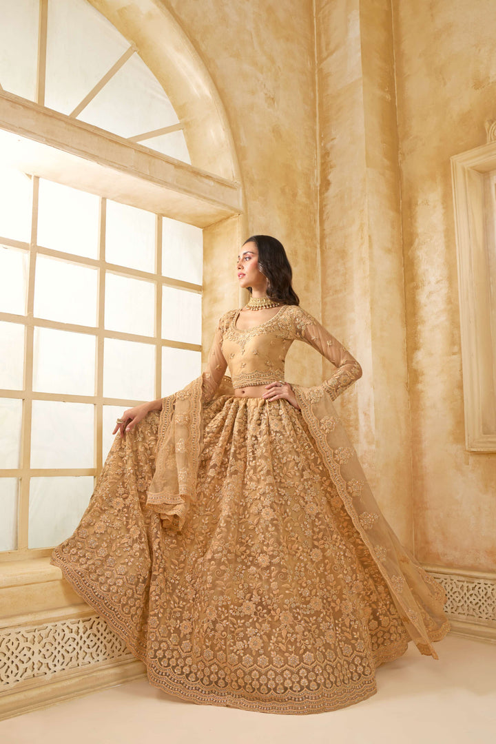 Beige Color Net With Cording And Thread Work With Stone Work Lehenga Choli