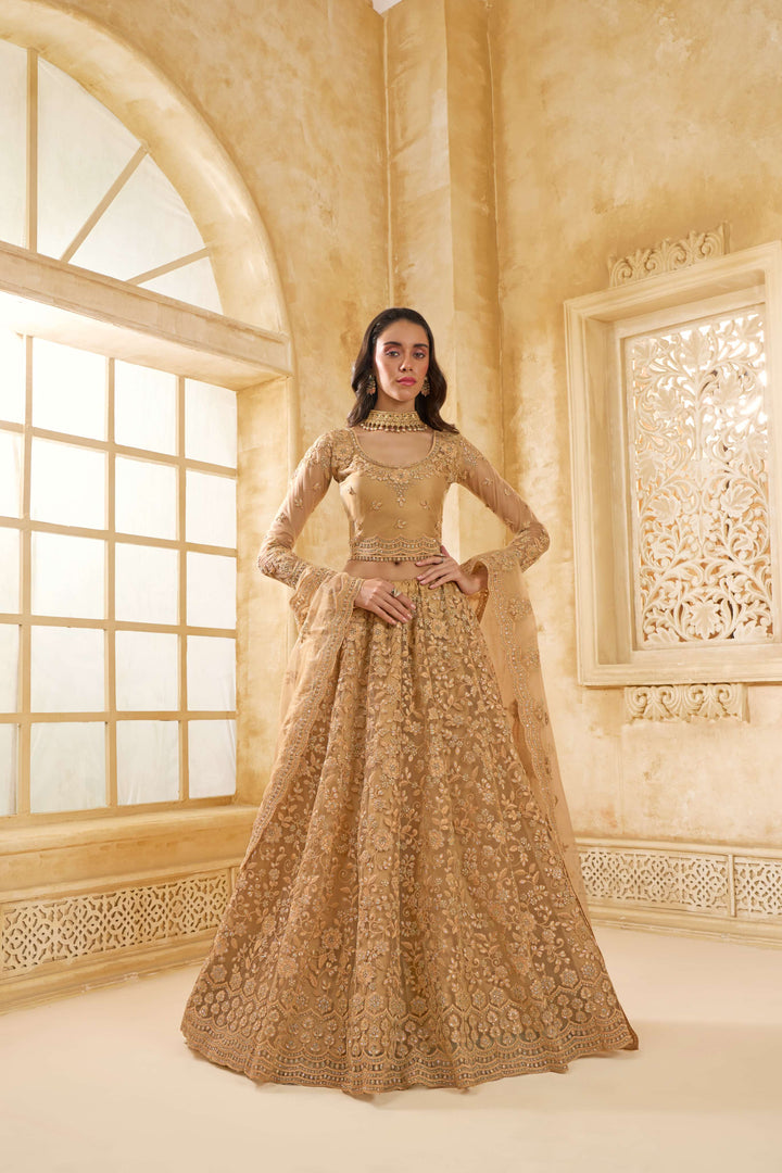 Beige Color Net With Cording And Thread Work With Stone Work Lehenga Choli