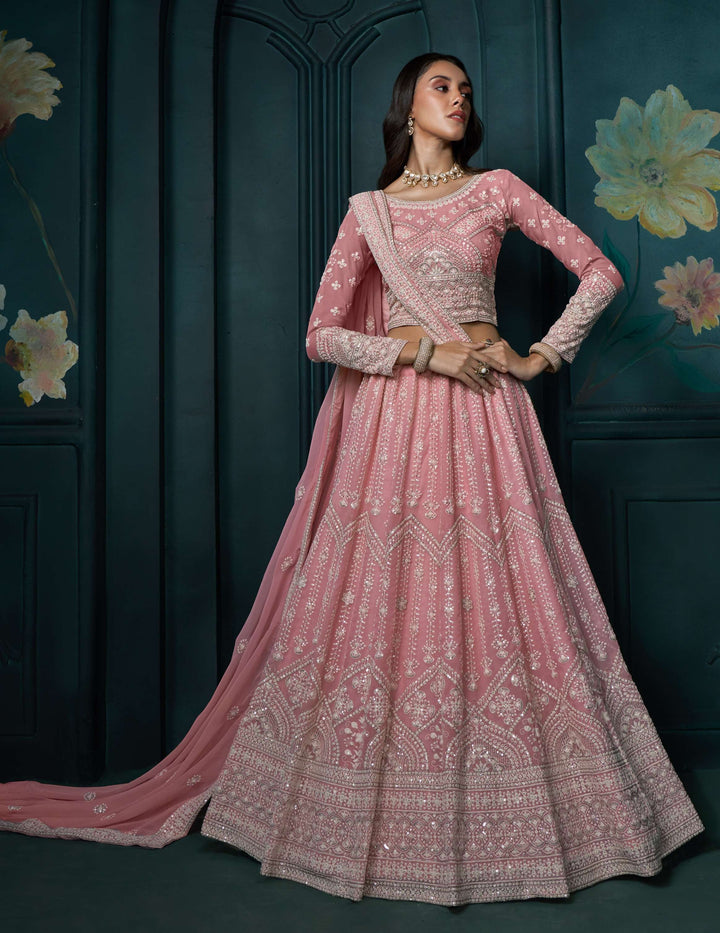 Pink Color Georgette With Cording, Sequins And Thread With Embroidery Work Lehenga Choli