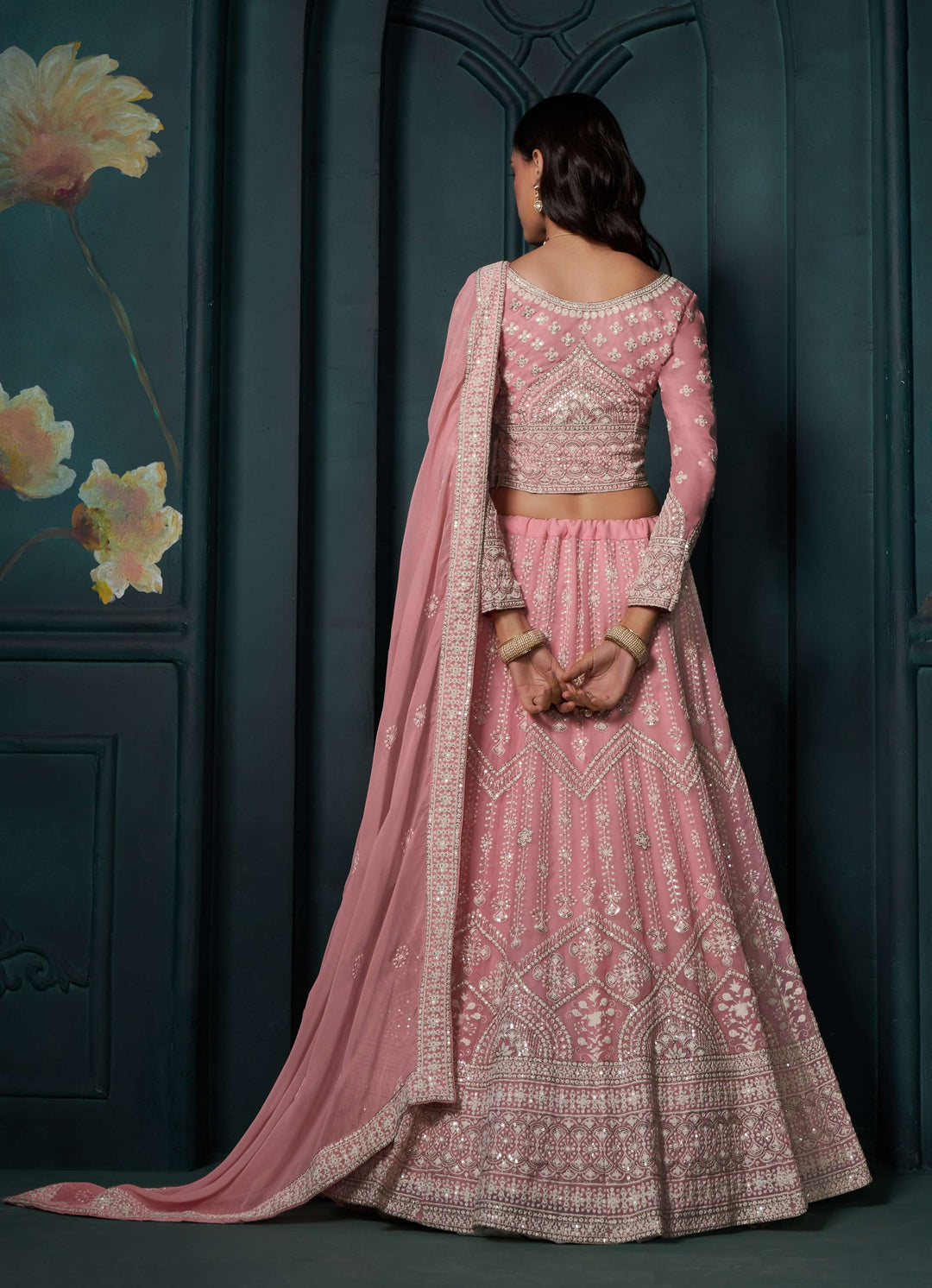 Pink Color Georgette With Cording, Sequins And Thread With Embroidery Work Lehenga Choli