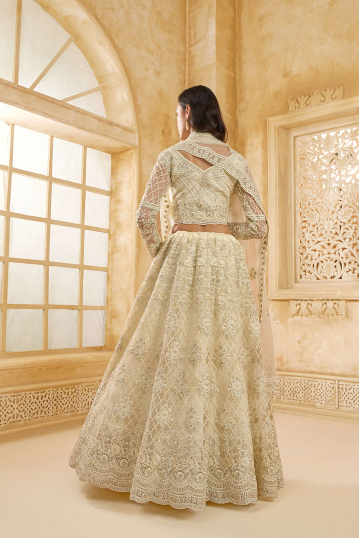 White Color Net With Cording And Thread Work With Stone Work Lehenga Choli