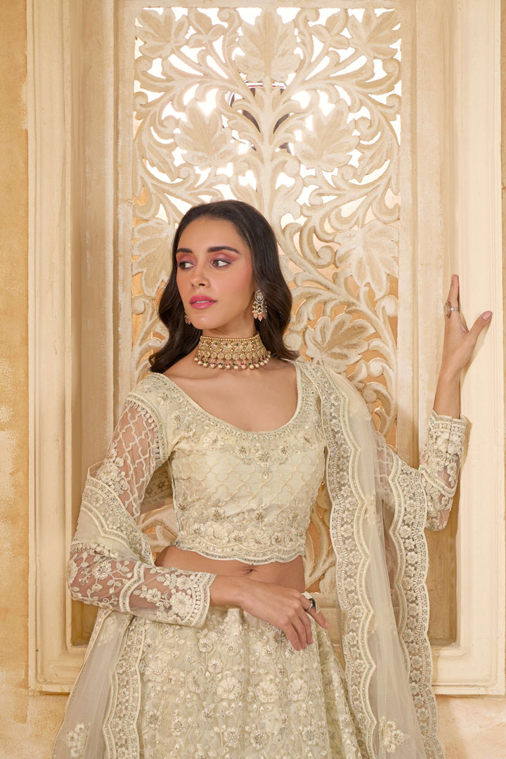 White Color Net With Cording And Thread Work With Stone Work Lehenga Choli