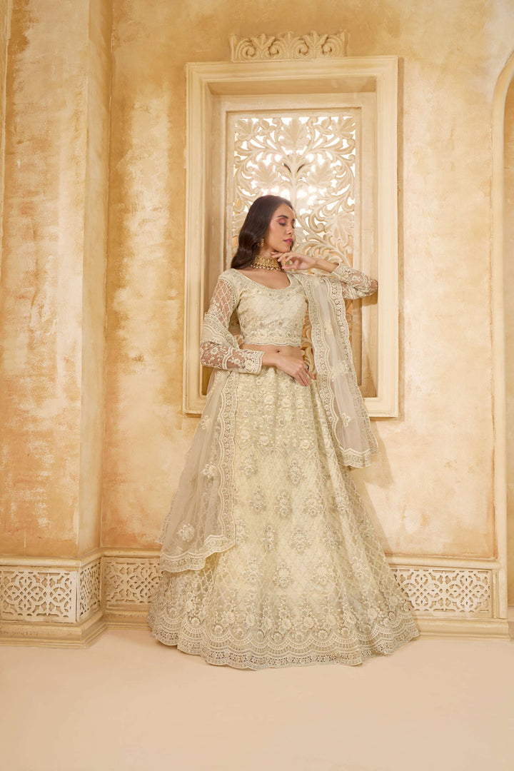 White Color Net With Cording And Thread Work With Stone Work Lehenga Choli