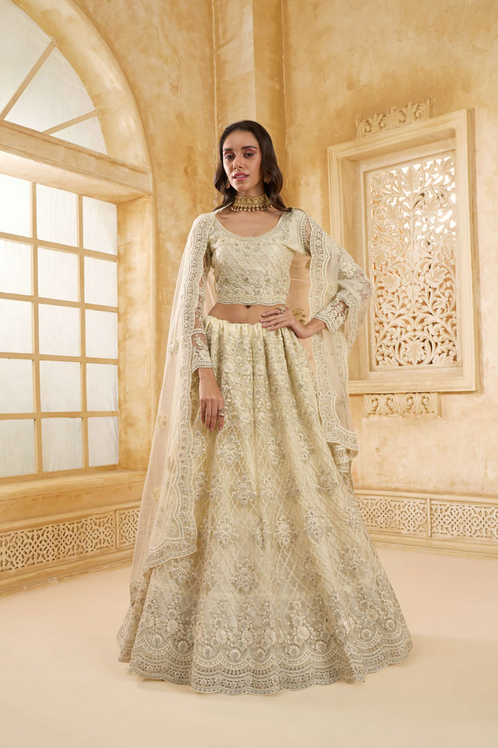 White Color Net With Cording And Thread Work With Stone Work Lehenga Choli