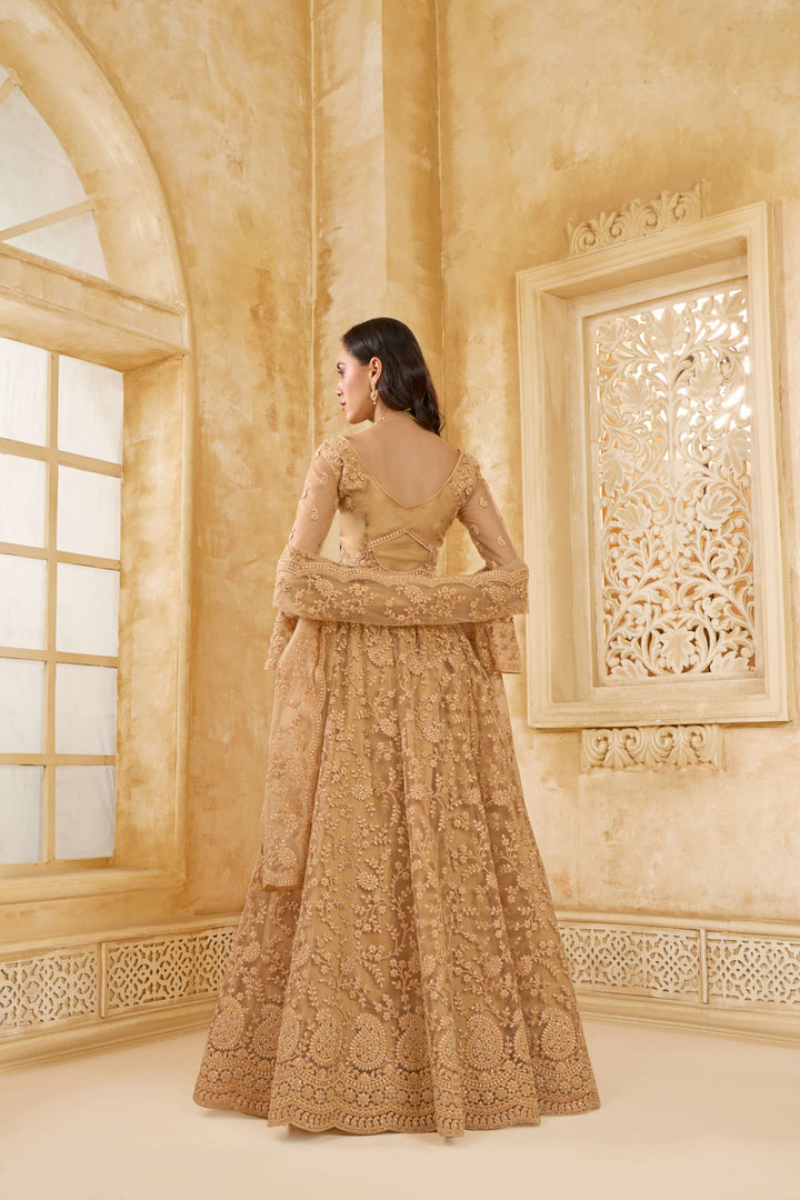 Beige Color Net With Cording And Thread Work With Stone Work Lehenga Choli