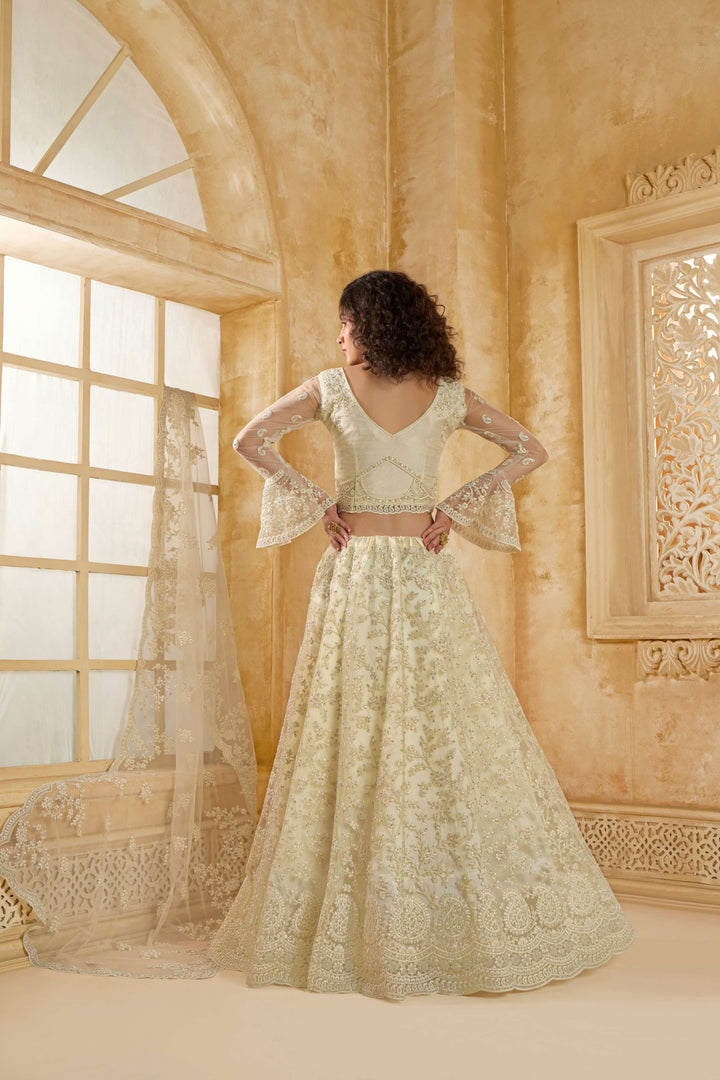 White Color Net With Cording And Thread Work With Stone Work Lehenga Choli