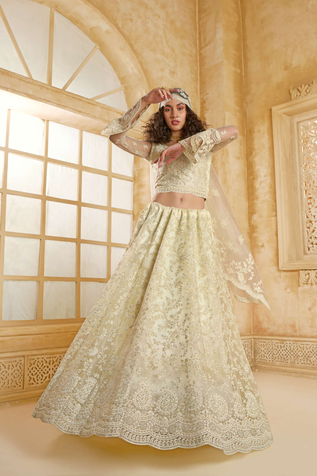 White Color Net With Cording And Thread Work With Stone Work Lehenga Choli