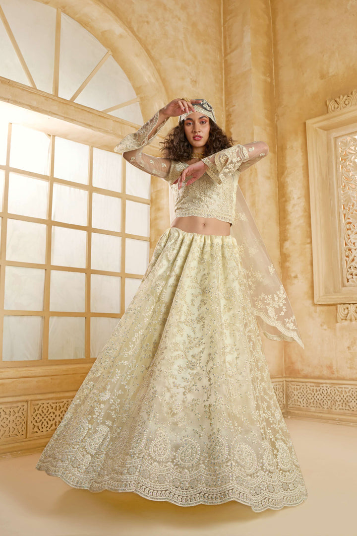 White Color Net With Cording And Thread Work With Stone Work Lehenga Choli