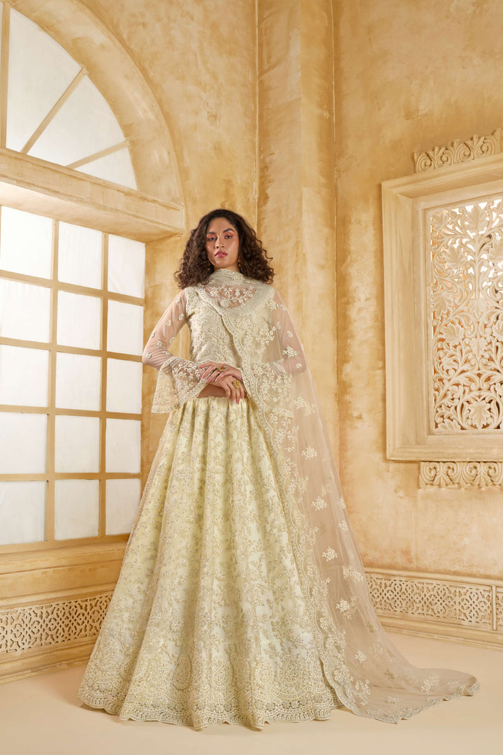 White Color Net With Cording And Thread Work With Stone Work Lehenga Choli