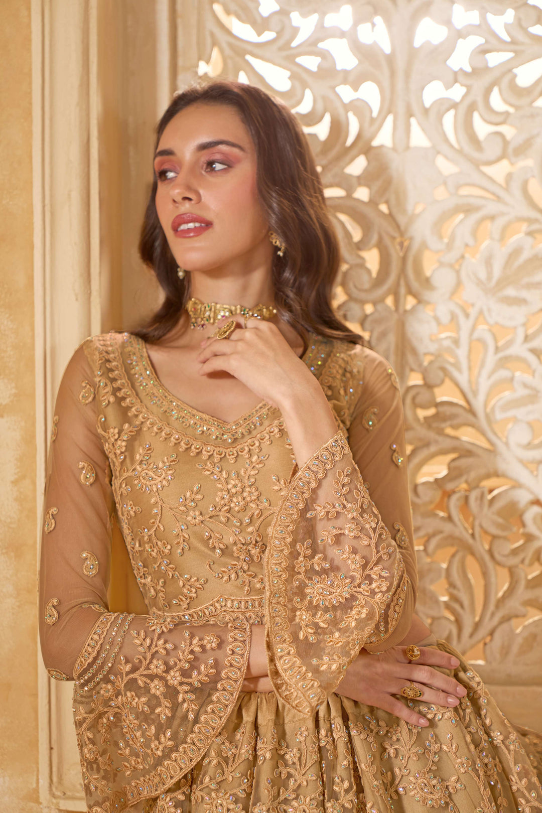 Beige Color Net With Cording And Thread Work With Stone Work Lehenga Choli