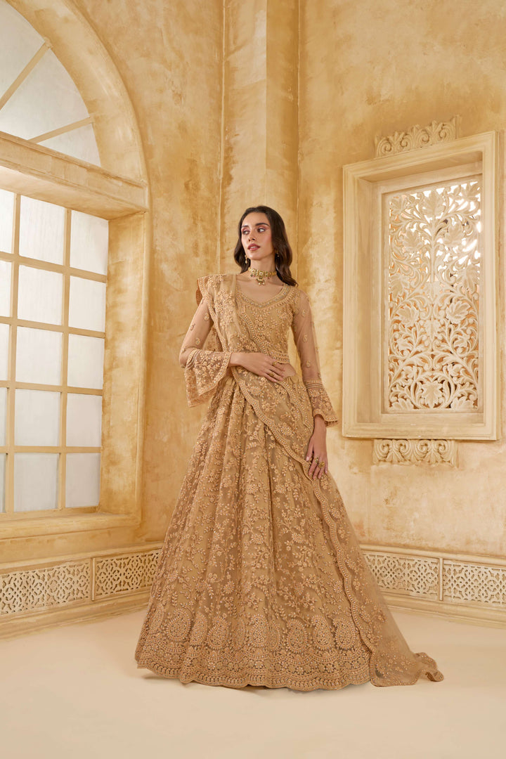 Beige Color Net With Cording And Thread Work With Stone Work Lehenga Choli