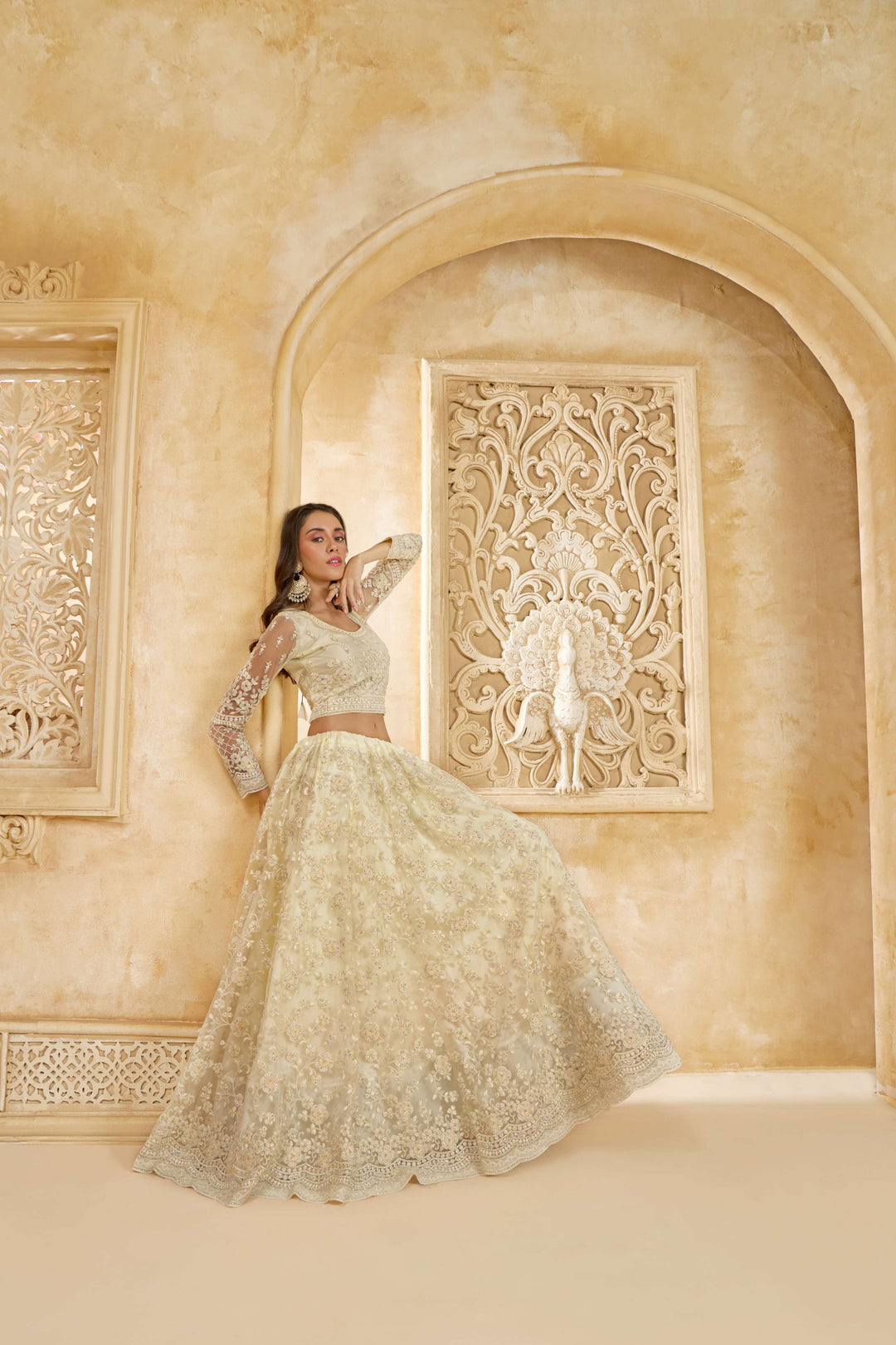 White Color Net With Cording And Thread Work With Stone Work Lehenga Choli