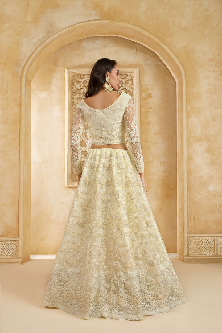 White Color Net With Cording And Thread Work With Stone Work Lehenga Choli
