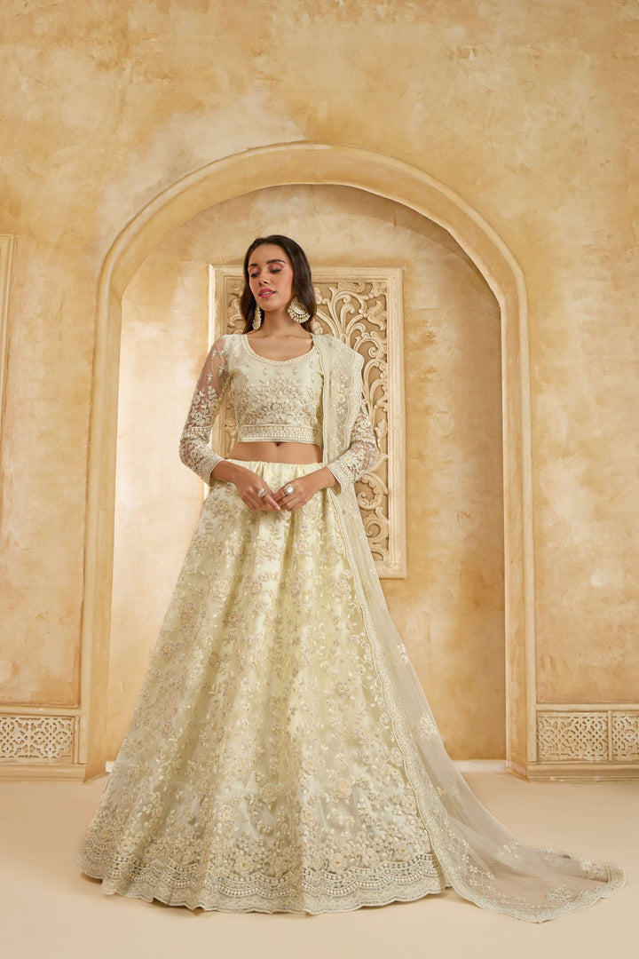 White Color Net With Cording And Thread Work With Stone Work Lehenga Choli