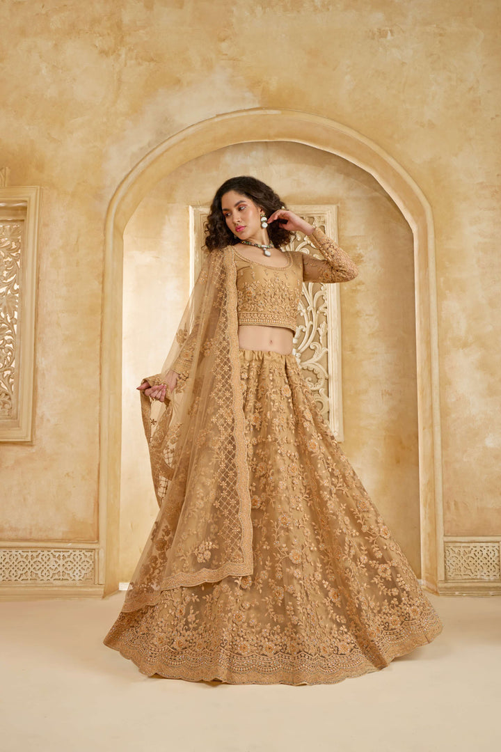 Beige Color Net With Cording And Thread Work With Stone Work Lehenga Choli