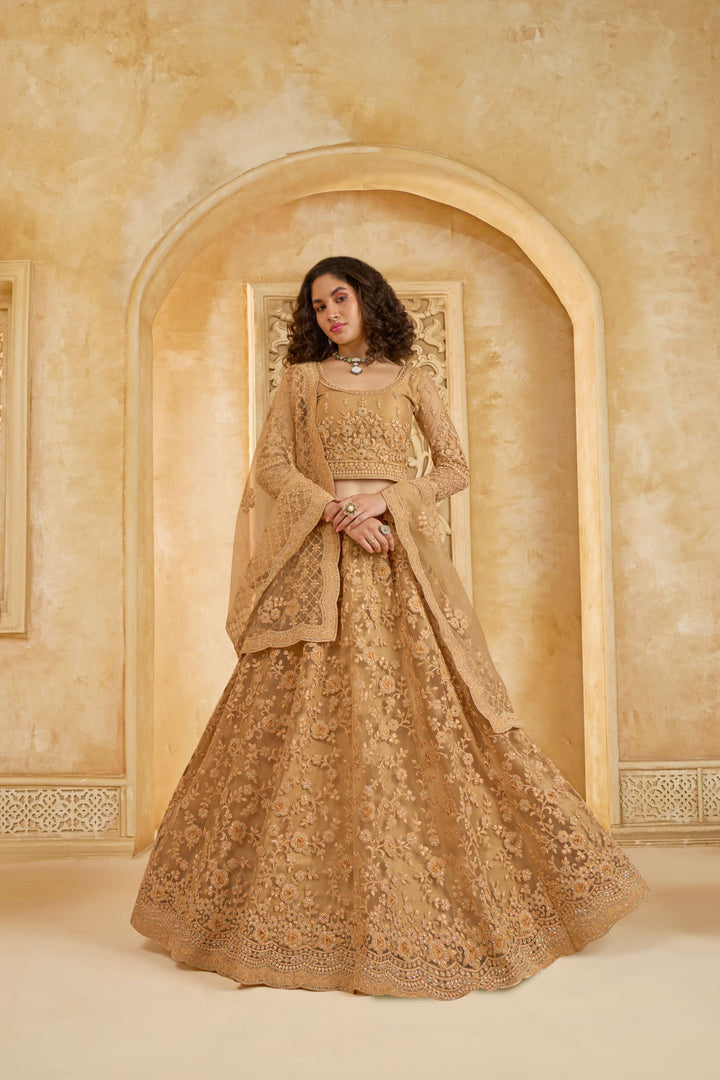 Beige Color Net With Cording And Thread Work With Stone Work Lehenga Choli