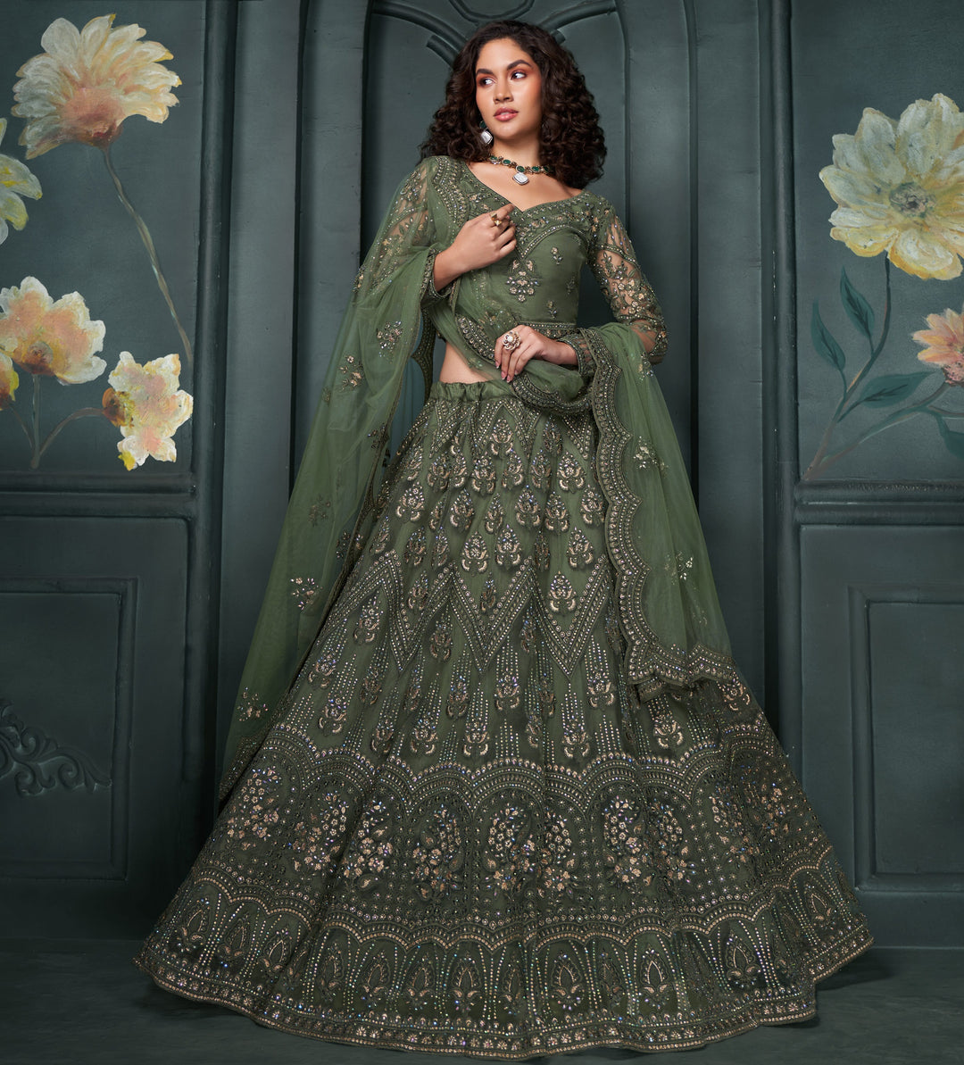 Green Color Net With Thread, Embroidery And Cutwork With Stone Work Lehenga Choli