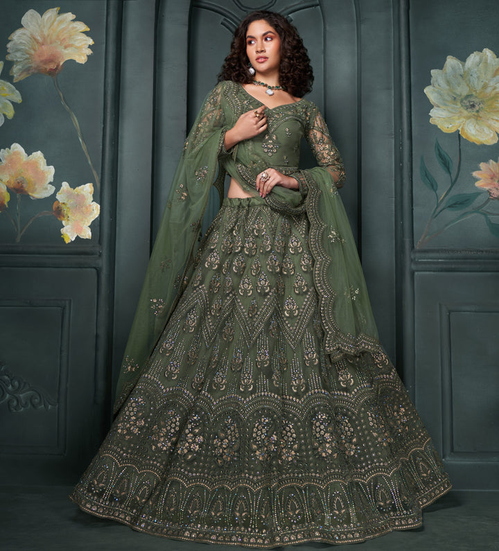 Green Color Net With Thread, Embroidery And Cutwork With Stone Work Lehenga Choli