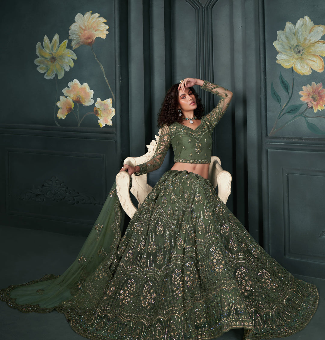 Green Color Net With Thread, Embroidery And Cutwork With Stone Work Lehenga Choli