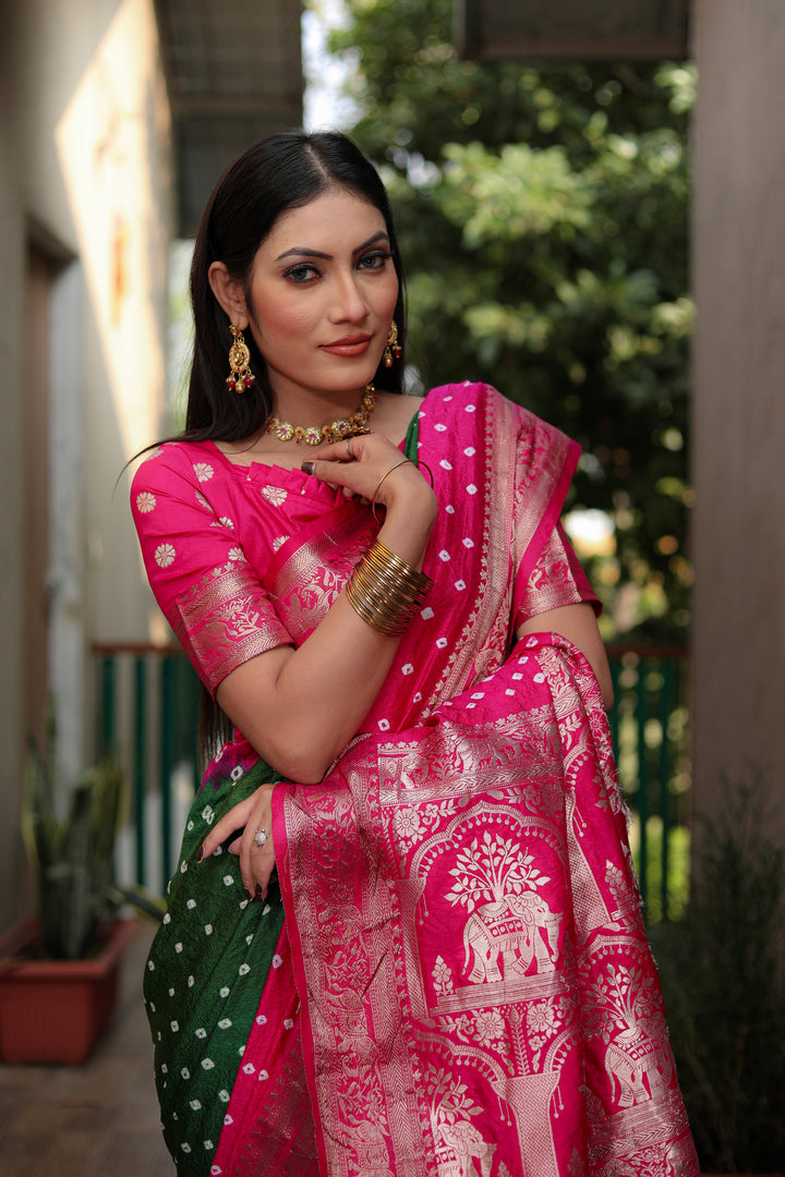 Pink Vahini Pure Bandhej Silk Saree With Bandhej Border & Zari Weaving Rich Tissue Pallu
