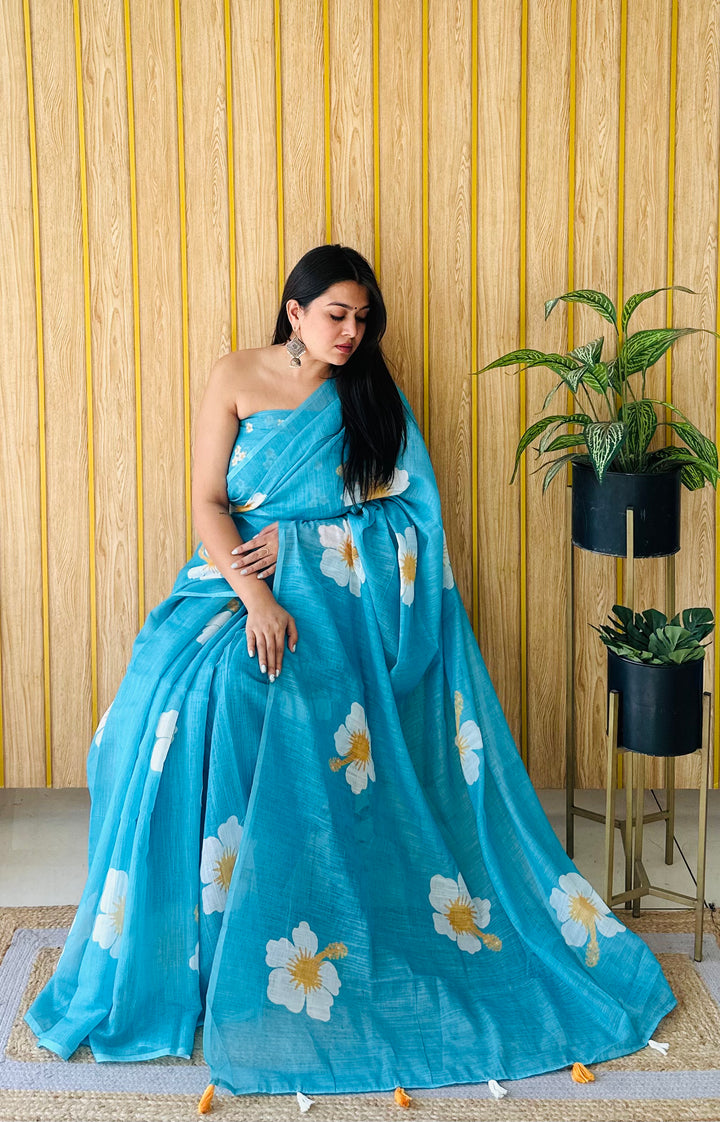 Sky Champa-2 Soft Linen Cotton Digital Print Sarees With Flower Print & Printed Pallu