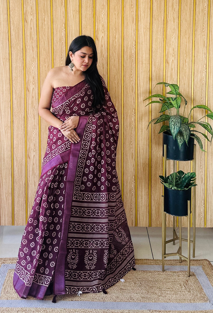 Wine Aarya-3 Soft Linen Cotton Digital Print Sarees With Batik Print With Silver Border