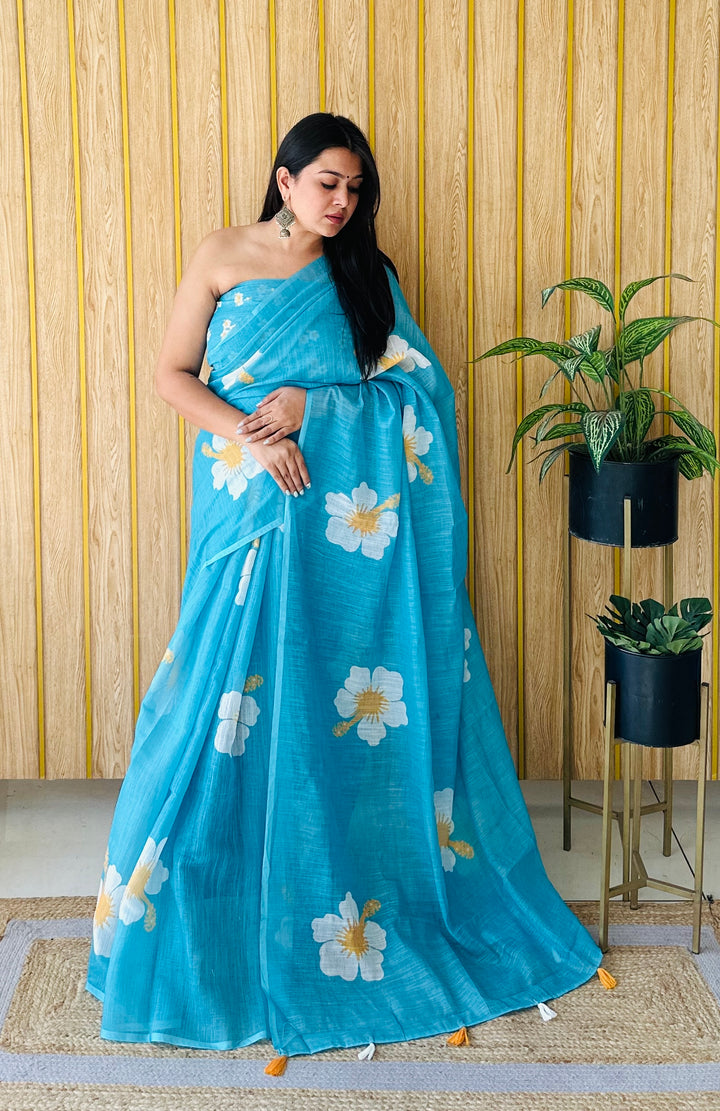 Sky Champa-2 Soft Linen Cotton Digital Print Sarees With Flower Print & Printed Pallu
