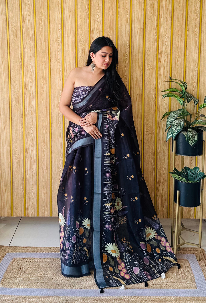 Black Ritika Soft Linen Cotton Digital Print Saree With Batik Print With Silver Border