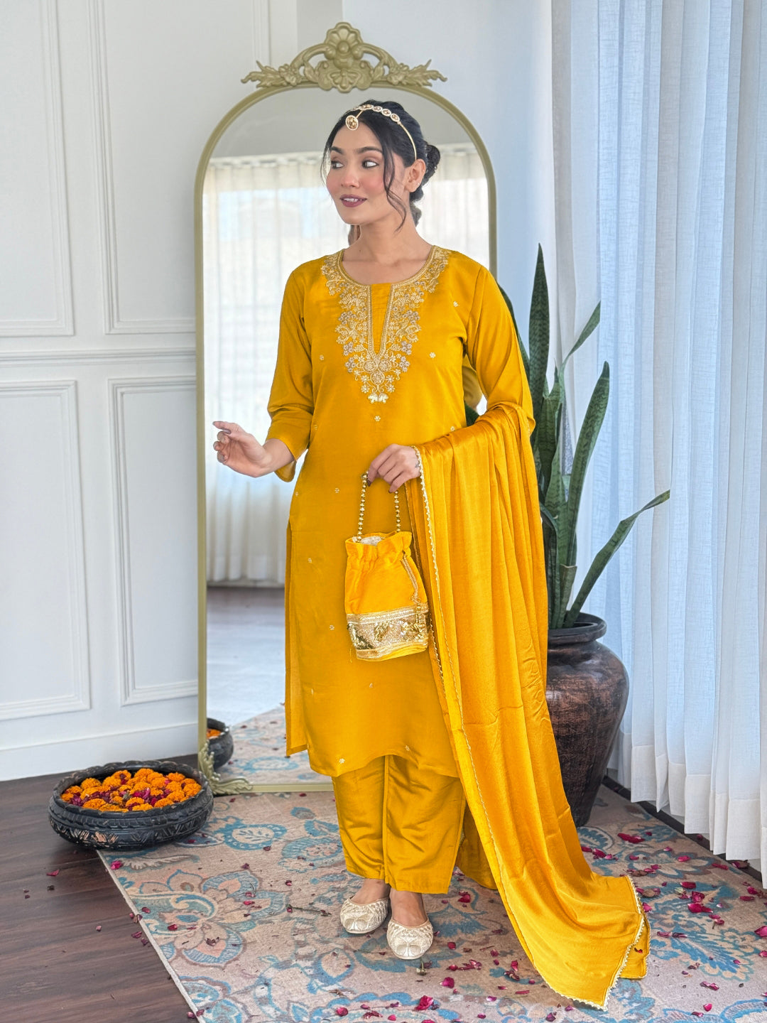 Yellow Color Viscose Chanderi with Embroidered Kurta with Pant And Dupatta Sets