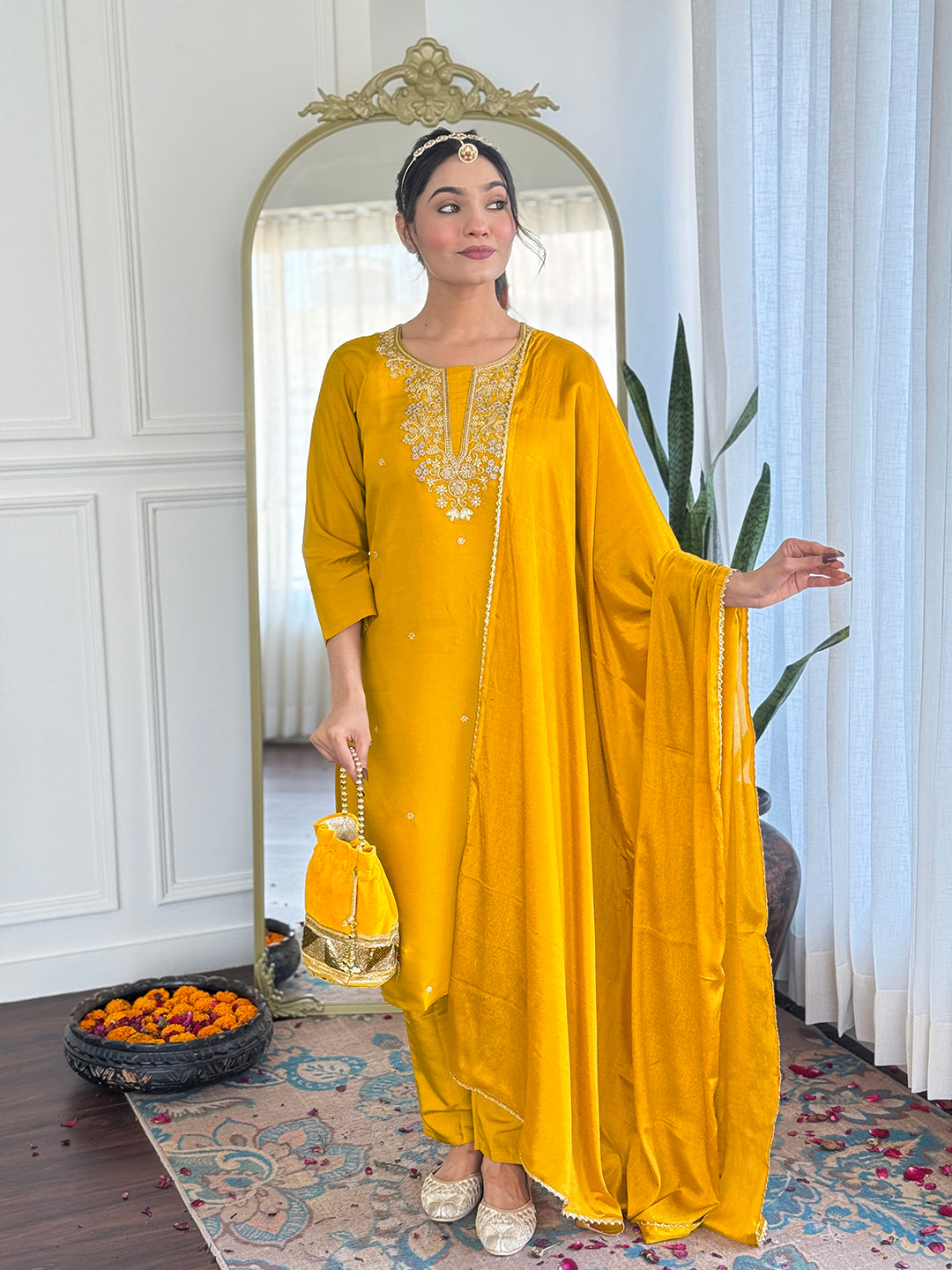 Yellow Color Viscose Chanderi with Embroidered Kurta with Pant And Dupatta Sets