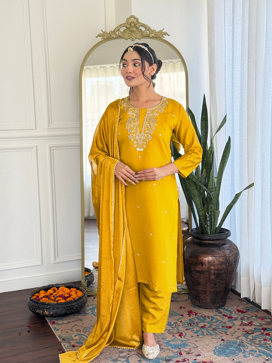 Yellow Color Viscose Chanderi with Embroidered Kurta with Pant And Dupatta Sets